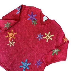 VNTG Quacker Factory Women's 1X Red V Neck Rainbow Snowflakes Sweater